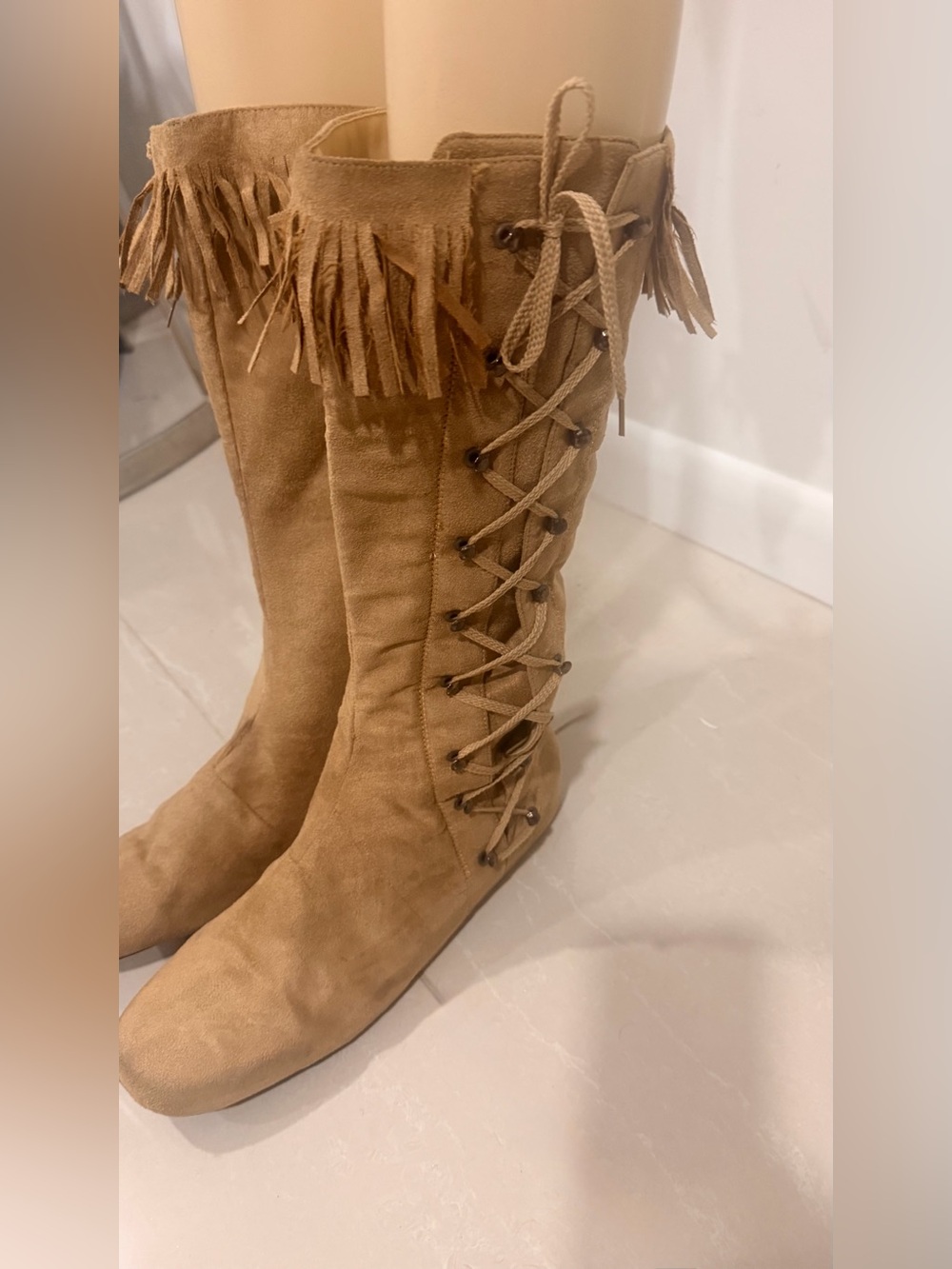 Unisex Tan Faux Suede Fringe Boots - Native American Costume